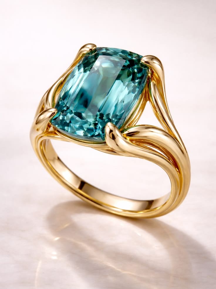 Aquamarine ring in a sculpted yellow gold mount.