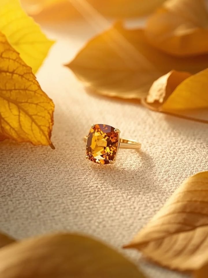Citrine ring resting on a gold autumn leaf.