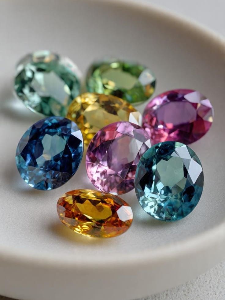 Mixed faceted gemstones in many colours.